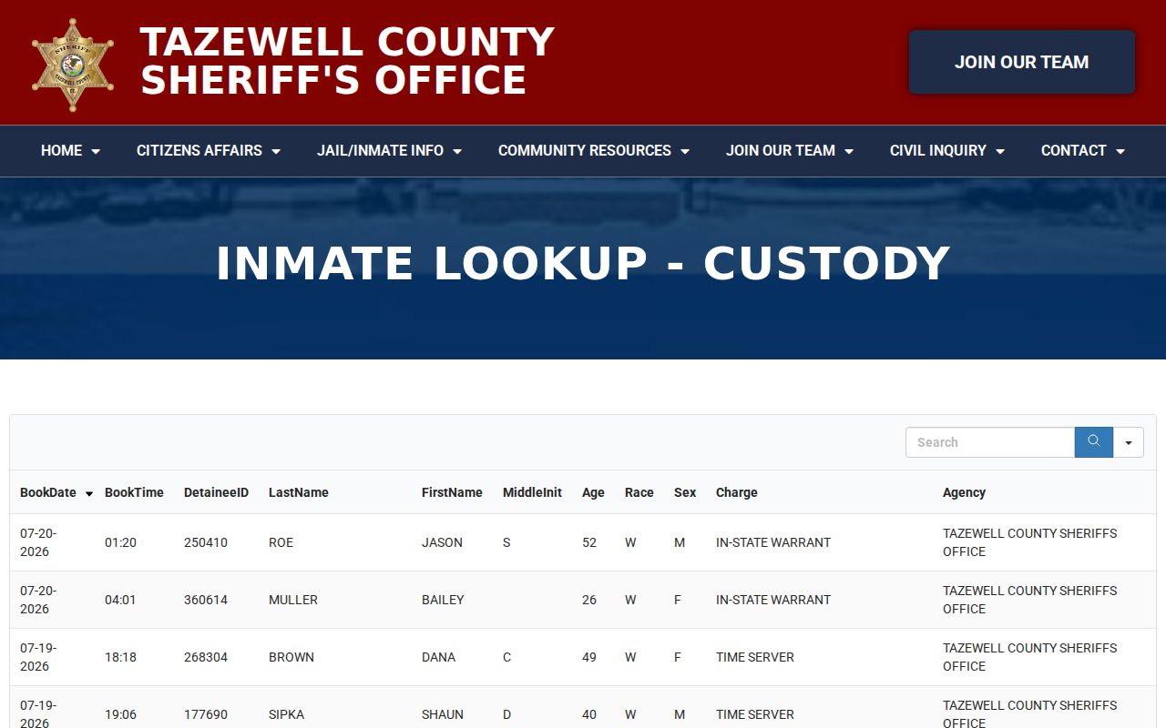 Tazewell County arrest search custody table